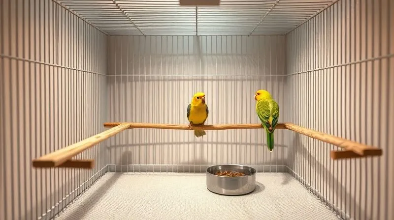 A photorealistic interior of a bird cage designed for an elderly bird, featuring wide, flat perches at low heights, a gentle ramp leading to a food bowl, and a soft, textured floor covering. Cinematic lighting illuminates the accessible features, sharp focus on the adaptations, 8K hyper-detailed, professional photography, shot on a high-end DSLR.