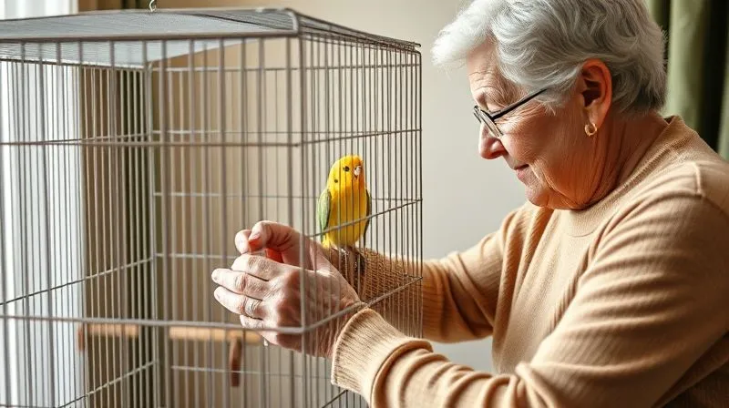 A photorealistic scene of a senior pet owner gently cleaning a bird cage, with a focus on non-toxic cleaning supplies and a calm, safe environment for the bird. Soft, natural lighting, sharp focus on the cleaning process, 8K hyper-detailed, professional photography, shot on a high-end DSLR.