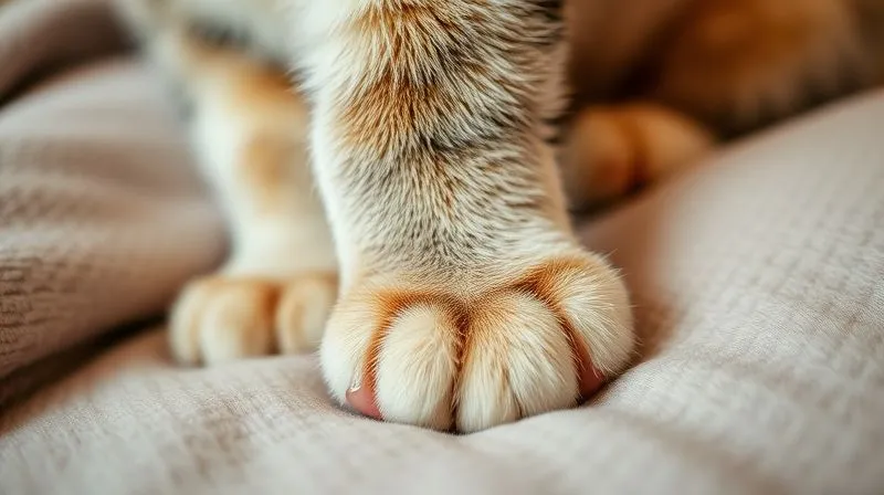 A close-up, photorealistic, professional photography, 8K, cinematic lighting, sharp focus, depth of field, shot on a high-end DSLR of an elderly cat's hind paw, gently placed on a soft blanket, with subtle visual cues suggesting joint stiffness or discomfort around the ankle, in a warm, comforting home setting.