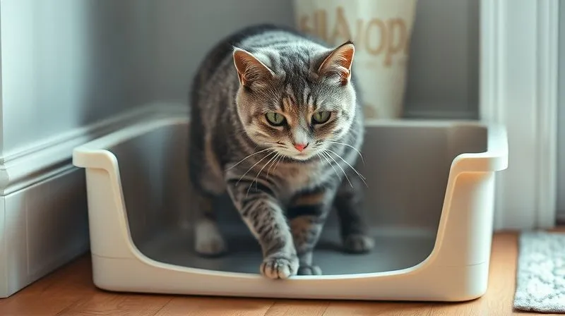 A photorealistic, professional photography, 8K, cinematic lighting, sharp focus, depth of field, shot on a high-end DSLR of an elderly, calm domestic shorthair cat with a gray coat, gracefully stepping into a wide, low-sided litter box made of clean, light-colored plastic. The scene is set in a peaceful, well-lit corner of a home, emphasizing ease of access.