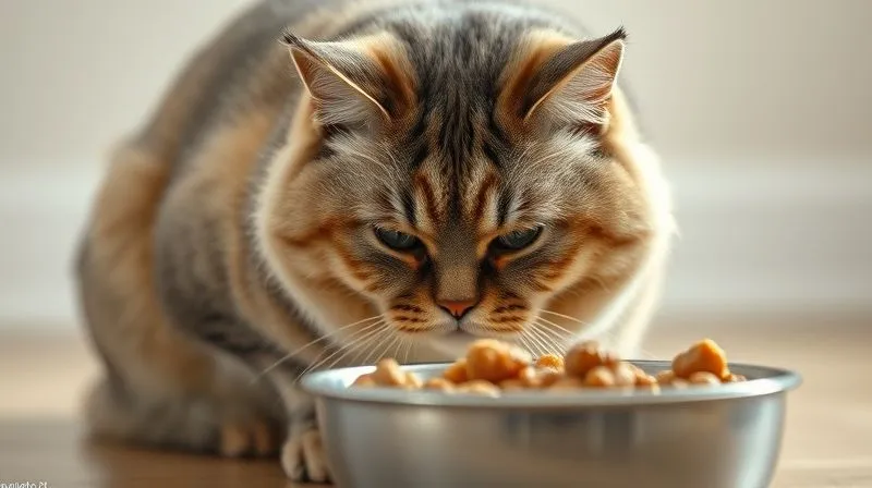 A photorealistic image of an elderly cat with a sad or disinterested expression, turning its head away from a bowl of food. The bowl is in soft focus, indicating rejection. Cinematic lighting, 8K, professional photography.