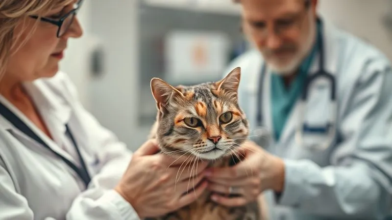 A photorealistic, professional photography shot of a veterinarian gently examining an elderly cat, with the owner looking on with concern. The scene should convey empathy and trust in the professional's care. Soft, warm lighting, sharp focus on the interaction, 8K hyper-detailed, depth of field blurring the clinic background.