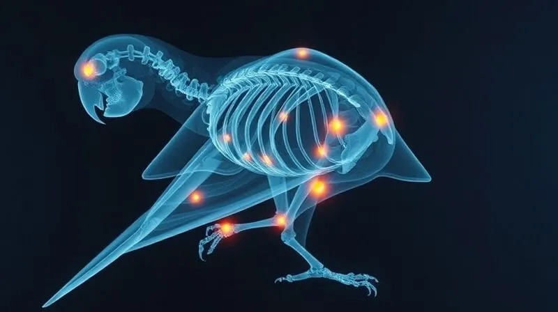 A photorealistic image of an X-ray of an elderly parrot's skeleton, highlighting potential joint issues in its legs and wings, with subtle glowing spots indicating areas of inflammation or arthritis. The image should be professional, 8K, cinematic lighting, sharp focus, depth of field, shot on a high-end DSLR, conveying scientific insight.
