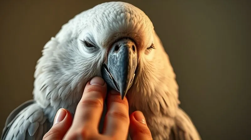 A photorealistic image of an elderly parrot, perhaps a Cockatoo, looking calm and content while being gently stroked by a human hand. The bird's eyes are partially closed in relaxation, and the lighting is soft and warm, emphasizing the bond and tranquility. Professional photography, 8K, cinematic lighting, sharp focus, depth of field, shot on a high-end DSLR.