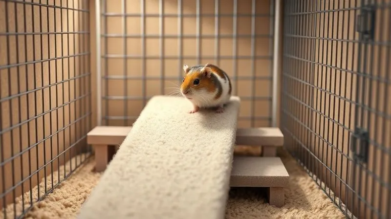 A photorealistic image of a custom-built, gentle ramp inside a rodent cage, covered with soft, non-slip fleece fabric. The ramp leads to a low-level platform, and an elderly hamster or guinea pig is slowly and comfortably ascending it. Cinematic lighting, sharp focus on the ramp and rodent, depth of field blurring the background, 8K hyper-detailed, professional photography, shot on a high-end DSLR.