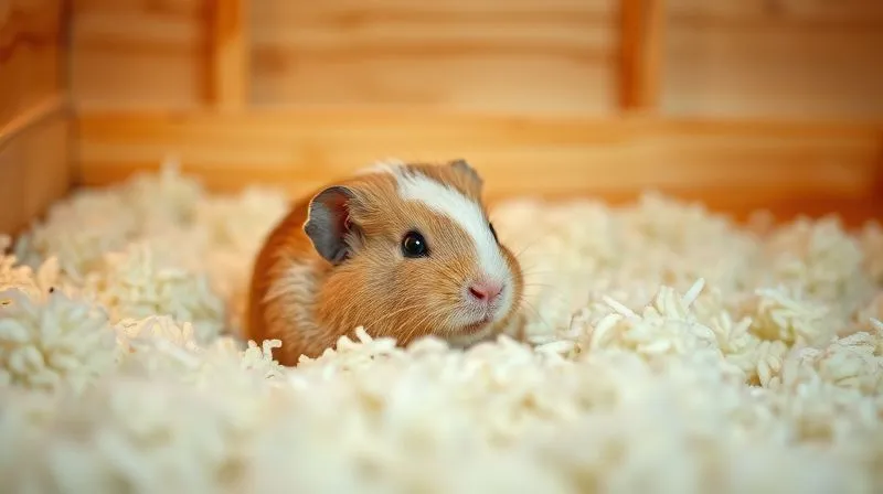 A photorealistic image of a very clean and peaceful rodent habitat, with an elderly guinea pig or hamster comfortably nestled in soft, fresh bedding. The environment is well-lit and serene, emphasizing hygiene and comfort. Cinematic lighting, sharp focus on the contented rodent, depth of field blurring the background, 8K hyper-detailed, professional photography, shot on a high-end DSLR.