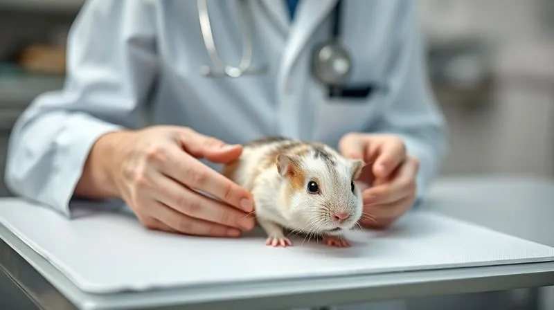 A photorealistic image of a gentle veterinarian carefully examining an elderly small rodent (like a guinea pig or hamster) on a clean examination table. The vet is using a soft touch, and the rodent appears calm and comfortable. Cinematic lighting, sharp focus on the vet's hands and the rodent, depth of field blurring the background, 8K hyper-detailed, professional photography, shot on a high-end DSLR.