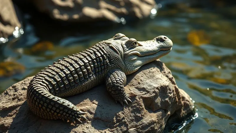 A photorealistic, high-angle professional photography shot of an elderly alligator resting motionlessly on a sun-drenched rock, appearing unusually still and unresponsive, with cinematic lighting emphasizing its scales. Sharp focus on the alligator, depth of field blurring the surrounding water. 8K hyper-detailed, shot on a high-end DSLR. A photorealistic, high-angle professional photography shot of an elderly alligator resting motionlessly on a sun-drenched rock, appearing unusually still and unresponsive, with cinematic lighting emphasizing its scales. Sharp focus on the alligator, depth of field blurring the surrounding water. 8K hyper-detailed, shot on a high-end DSLR.