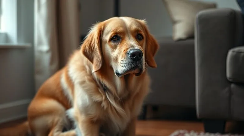 A photorealistic, professional photography, 8K, cinematic lighting, sharp focus, depth of field, shot on a high-end DSLR, of an elderly, gentle Golden Retriever sitting alone in a corner of a cozy living room, head slightly down, eyes looking out with a wistful, melancholic expression. The lighting should be soft, highlighting the dog's fur and the subtle sadness in its posture, evoking empathy. No other animals or humans are visible, emphasizing solitude. A photorealistic, professional photography, 8K, cinematic lighting, sharp focus, depth of field, shot on a high-end DSLR, of an elderly, gentle Golden Retriever sitting alone in a corner of a cozy living room, head slightly down, eyes looking out with a wistful, melancholic expression. The lighting should be soft, highlighting the dog's fur and the subtle sadness in its posture, evoking empathy. No other animals or humans are visible, emphasizing solitude.