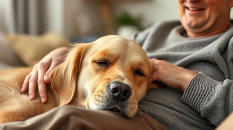 A photorealistic, professional photography, 8K, cinematic lighting, sharp focus, depth of field, shot on a high-end DSLR, of an elderly, contented Golden Retriever gently resting its head on the lap of a smiling human, who is softly stroking its fur. The scene is bathed in warm, soft light, emphasizing the bond and mutual affection. The dog's eyes are closed in peaceful enjoyment, and the human's hands are tender and reassuring. The background is a soft-focus, cozy home interior. A photorealistic, professional photography, 8K, cinematic lighting, sharp focus, depth of field, shot on a high-end DSLR, of an elderly, contented Golden Retriever gently resting its head on the lap of a smiling human, who is softly stroking its fur. The scene is bathed in warm, soft light, emphasizing the bond and mutual affection. The dog's eyes are closed in peaceful enjoyment, and the human's hands are tender and reassuring. The background is a soft-focus, cozy home interior.