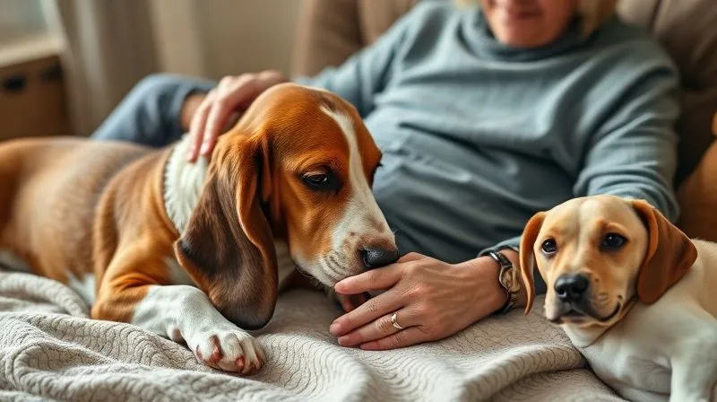 A photorealistic, professional photography, 8K, cinematic lighting, sharp focus, depth of field, shot on a high-end DSLR, of an elderly, calm Basset Hound lying comfortably on a soft blanket, gently nudging its nose against the hand of a kind-looking older woman who is sitting beside it. The scene conveys peaceful companionship and gentle interaction, with warm light filtering in. Another calm, medium-sized dog is lying a little further away, observing serenely. The focus is on the intimate interaction between the dog and the woman, with the other dog subtly suggesting social presence without overwhelming the elderly dog. A photorealistic, professional photography, 8K, cinematic lighting, sharp focus, depth of field, shot on a high-end DSLR, of an elderly, calm Basset Hound lying comfortably on a soft blanket, gently nudging its nose against the hand of a kind-looking older woman who is sitting beside it. The scene conveys peaceful companionship and gentle interaction, with warm light filtering in. Another calm, medium-sized dog is lying a little further away, observing serenely. The focus is on the intimate interaction between the dog and the woman, with the other dog subtly suggesting social presence without overwhelming the elderly dog.