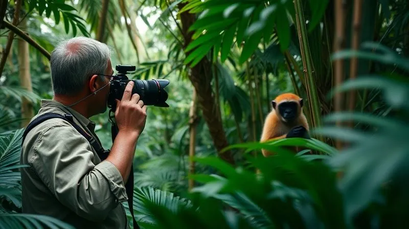 A photorealistic, professional photography, 8K, cinematic lighting, sharp focus, depth of field, shot on a high-end DSLR of a researcher in a dense rainforest, observing a rare primate from a distance with specialized equipment, conveying the difficulty of data collection in natural habitats. The primate is partially hidden, adding to the sense of mystery and challenge.