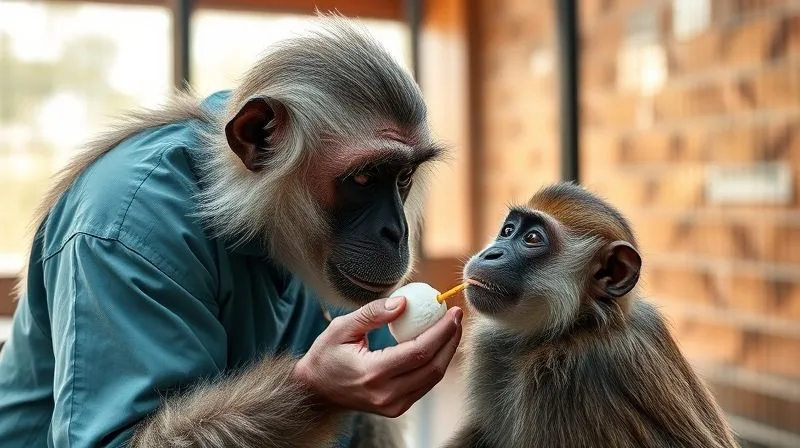 A photorealistic, professional photography, 8K, cinematic lighting, sharp focus, depth of field, shot on a high-end DSLR of a dedicated animal caregiver gently offering a specialized treat to an elderly, rare exotic primate, with a deep bond and trust visible between them. The background shows a clean, enriched, naturalistic enclosure, with soft, warm light.