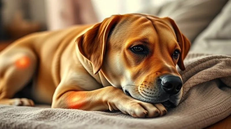 A photorealistic image of a contented senior dog, perhaps a Labrador, lying comfortably on a soft blanket, with a subtle glow around its joints, indicating reduced inflammation. Cinematic lighting, sharp focus on the dog's calm expression, 8K hyper-detailed, depth of field blurring a warm home environment. A photorealistic image of a contented senior dog, perhaps a Labrador, lying comfortably on a soft blanket, with a subtle glow around its joints, indicating reduced inflammation. Cinematic lighting, sharp focus on the dog's calm expression, 8K hyper-detailed, depth of field blurring a warm home environment.