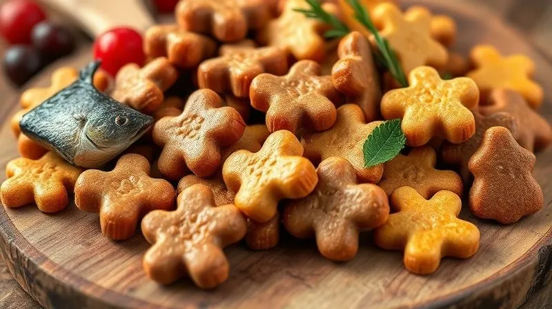 A photorealistic close-up of various high-quality, natural pet treats, some with a subtle oily sheen, arranged artfully on a rustic wooden board. The treats are clearly made from wholesome ingredients. Cinematic lighting, sharp focus on the textures, 8K hyper-detailed, depth of field blurring a background of raw ingredients like fish and berries. A photorealistic close-up of various high-quality, natural pet treats, some with a subtle oily sheen, arranged artfully on a rustic wooden board. The treats are clearly made from wholesome ingredients. Cinematic lighting, sharp focus on the textures, 8K hyper-detailed, depth of field blurring a background of raw ingredients like fish and berries.