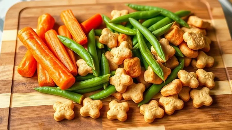 Photorealistic, professional photography, 8K, cinematic lighting, sharp focus, depth of field, shot on a high-end DSLR. A variety of healthy pet treats artfully arranged on a wooden cutting board: crisp carrot sticks, green beans, small pieces of cooked chicken, and a few low-calorie commercial dog biscuits. The treats are visually appealing and fresh, with natural light highlighting their textures. No dog in the image, focus on the food itself, suggesting healthy choices. Photorealistic, professional photography, 8K, cinematic lighting, sharp focus, depth of field, shot on a high-end DSLR. A variety of healthy pet treats artfully arranged on a wooden cutting board: crisp carrot sticks, green beans, small pieces of cooked chicken, and a few low-calorie commercial dog biscuits. The treats are visually appealing and fresh, with natural light highlighting their textures. No dog in the image, focus on the food itself, suggesting healthy choices.