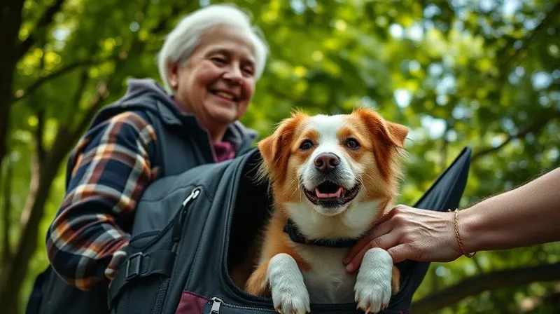 A photorealistic, professional photography image from a low angle, showing an elderly person gently placing their happy senior dog into a well-padded, ergonomic pet backpack, ready for an adventure. The dog has a content expression, and the person is smiling. Lush green park background, cinematic lighting, sharp focus, depth of field. 8K hyper-detailed, shot on a high-end DSLR.