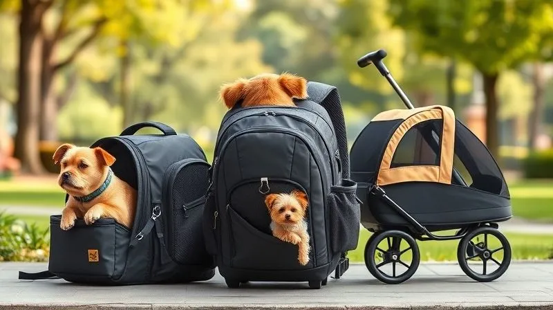A photorealistic, professional photography image showcasing three different types of pet carrier backpacks side-by-side: a front-facing carrier with a small dog, a large rear backpack with a medium dog, and a wheeled carrier being pulled. All are in a bright, outdoor setting, with clear distinctions between the models. Cinematic lighting, sharp focus on the products, depth of field blurring a lively park background. 8K hyper-detailed, shot on a high-end DSLR.