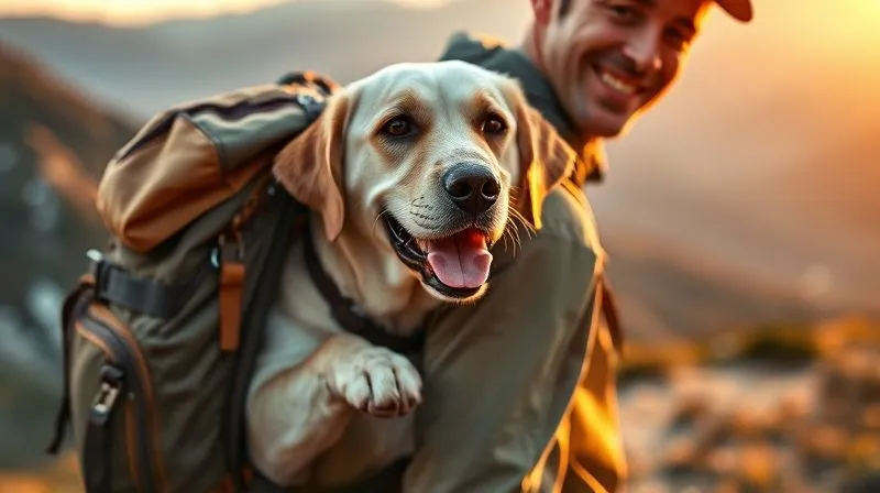 A photorealistic, professional photography image of an elderly Labrador Retriever, happily peeking out of a sturdy, well-designed backpack being carried by a smiling person on a scenic hiking trail. The dog looks comfortable and engaged with the surroundings. Golden hour lighting, sharp focus on the dog and backpack, depth of field blurring the mountain trail. 8K hyper-detailed, shot on a high-end DSLR.