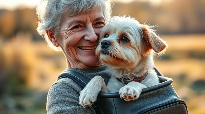 A photorealistic, professional photography image of an elderly person and their senior dog, both looking content, sharing a quiet moment outdoors. The dog is in a comfortable backpack carrier, gently nuzzling the person's cheek. Soft, warm sunlight, natural background, conveying a strong emotional bond. Sharp focus on the pair, depth of field blurring the distant scenery. 8K hyper-detailed, shot on a high-end DSLR.