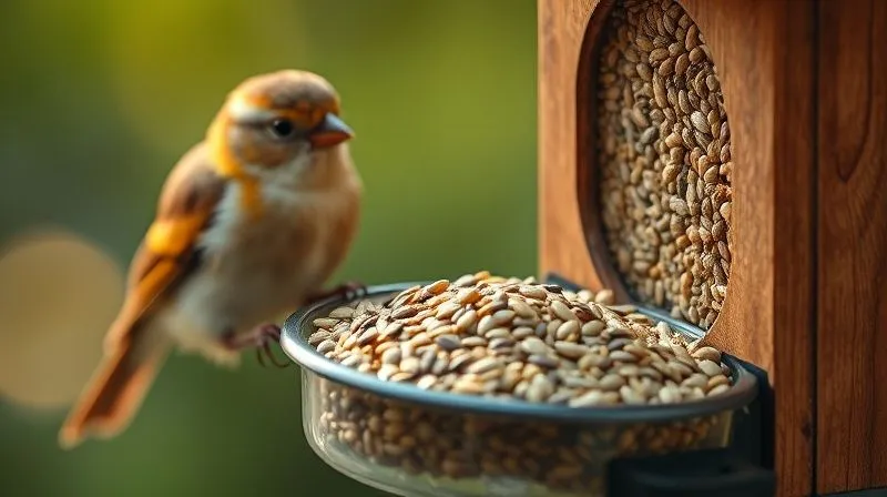 Photorealistic, 8K, cinematic lighting, sharp focus, depth of field, shot on a high-end DSLR. A small, delicate bird feeder filled with a mix of chia seeds and freshly ground flaxseeds, placed next to a contented elderly bird on a perch. The seeds are illuminated by a soft, warm light, highlighting their texture and freshness.