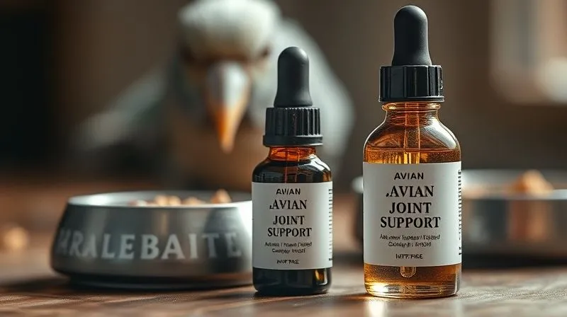 Photorealistic, 8K, cinematic lighting, sharp focus, depth of field, shot on a high-end DSLR. A close-up of a small, precise dropper bottle labeled 'Avian Joint Support' with a clear liquid, next to a small, empty bird food bowl. The background shows a blurry image of an elderly bird, implying the future benefit of the supplement.