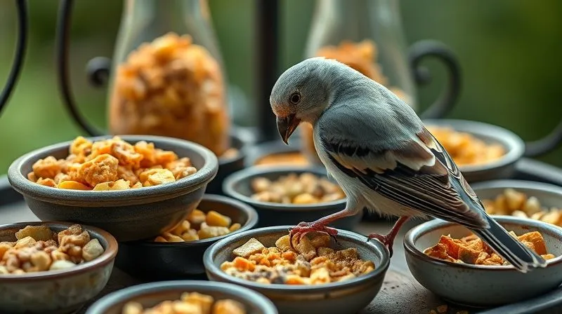 Photorealistic, 8K, cinematic lighting, sharp focus, depth of field, shot on a high-end DSLR. A variety of small, easy-to-reach bird feeders and dishes, some at lower levels, filled with soft, mashed, and finely chopped healthy bird food. An elderly bird is gently pecking at one of the dishes, showing comfort and ease in its posture.