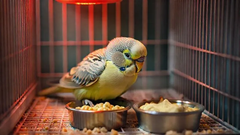 A photorealistic, professional photography, 8K, cinematic lighting, sharp focus, depth of field, shot on a high-end DSLR of a small, frail elderly parakeet resting inside a cozy, small cage with a gentle, warm red glow from a heat lamp above, with small dishes of soft, mashed food easily accessible on the cage floor, emphasizing comfort and immediate care. No text or logos. A photorealistic, professional photography, 8K, cinematic lighting, sharp focus, depth of field, shot on a high-end DSLR of a small, frail elderly parakeet resting inside a cozy, small cage with a gentle, warm red glow from a heat lamp above, with small dishes of soft, mashed food easily accessible on the cage floor, emphasizing comfort and immediate care. No text or logos.