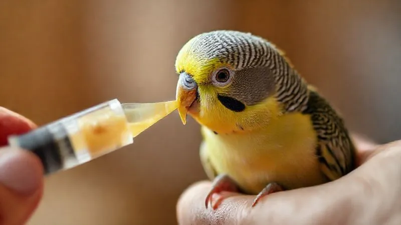A photorealistic, professional photography, 8K, cinematic lighting, sharp focus, depth of field, shot on a high-end DSLR of a gentle hand carefully offering liquid food to a small, weak parakeet with a syringe (no needle), the bird's eyes showing a glimmer of hope, in a warm, softly lit environment, highlighting the delicate process of assisted feeding. A photorealistic, professional photography, 8K, cinematic lighting, sharp focus, depth of field, shot on a high-end DSLR of a gentle hand carefully offering liquid food to a small, weak parakeet with a syringe (no needle), the bird's eyes showing a glimmer of hope, in a warm, softly lit environment, highlighting the delicate process of assisted feeding.
