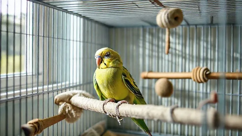 A photorealistic, professional photography, 8K, cinematic lighting, sharp focus, depth of field, shot on a high-end DSLR of a serene, elderly parakeet resting comfortably in a clean, spacious cage in a quiet corner of a sunlit room, with soft toys and natural perches, illustrating a peaceful and supportive recovery environment. No text or logos. A photorealistic, professional photography, 8K, cinematic lighting, sharp focus, depth of field, shot on a high-end DSLR of a serene, elderly parakeet resting comfortably in a clean, spacious cage in a quiet corner of a sunlit room, with soft toys and natural perches, illustrating a peaceful and supportive recovery environment. No text or logos.