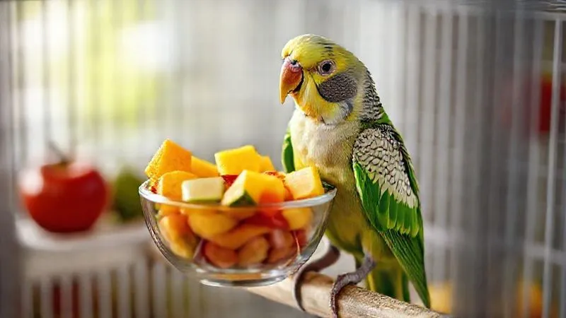 A photorealistic, professional photography, 8K, cinematic lighting, sharp focus, depth of field, shot on a high-end DSLR of a vibrant, healthy elderly parakeet happily eating from a bowl of fresh, colorful fruits and vegetables, perched on a clean, well-maintained perch in a spacious cage, representing proactive and joyful senior pet care. No text or logos. A photorealistic, professional photography, 8K, cinematic lighting, sharp focus, depth of field, shot on a high-end DSLR of a vibrant, healthy elderly parakeet happily eating from a bowl of fresh, colorful fruits and vegetables, perched on a clean, well-maintained perch in a spacious cage, representing proactive and joyful senior pet care. No text or logos.