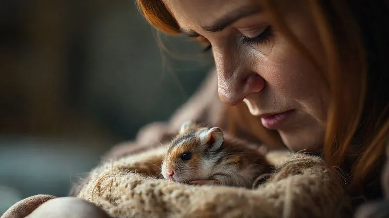 Photorealistic, professional photography, 8K, cinematic lighting, sharp focus, depth of field, shot on a high-end DSLR. A concerned owner gently observing a small, frail hamster curled up in its bedding, looking lethargic. Soft, warm lighting highlights the hamster's delicate fur and the owner's caring gaze. Photorealistic, professional photography, 8K, cinematic lighting, sharp focus, depth of field, shot on a high-end DSLR. A concerned owner gently observing a small, frail hamster curled up in its bedding, looking lethargic. Soft, warm lighting highlights the hamster's delicate fur and the owner's caring gaze.