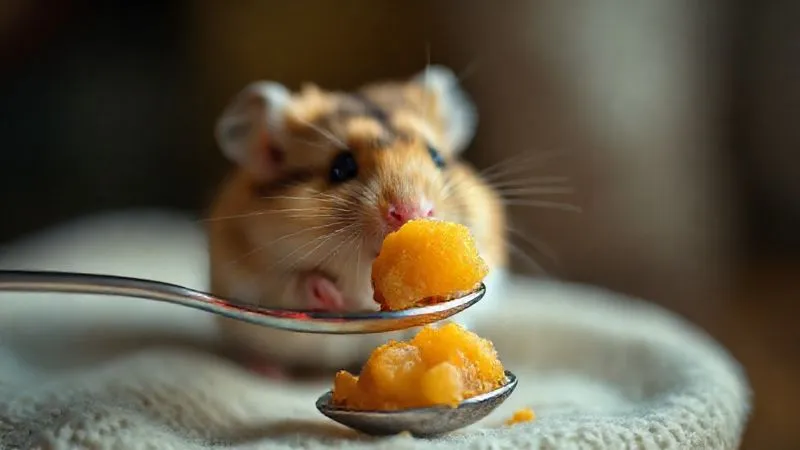 Photorealistic, professional photography, 8K, cinematic lighting, sharp focus, depth of field, shot on a high-end DSLR. A tiny, soft, mashed portion of sweet potato baby food being offered on a small spoon to an inquisitive, older hamster, with delicate whiskers twitching, in a cozy, warm setting. Photorealistic, professional photography, 8K, cinematic lighting, sharp focus, depth of field, shot on a high-end DSLR. A tiny, soft, mashed portion of sweet potato baby food being offered on a small spoon to an inquisitive, older hamster, with delicate whiskers twitching, in a cozy, warm setting.