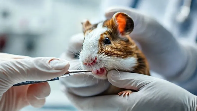 Photorealistic, professional photography, 8K, cinematic lighting, sharp focus, depth of field, shot on a high-end DSLR. A small, delicate hand of a veterinarian gently examining the teeth of an aging guinea pig, with specialized tools, in a clean, well-lit clinic setting. The scene emphasizes professional care and attention to detail. Photorealistic, professional photography, 8K, cinematic lighting, sharp focus, depth of field, shot on a high-end DSLR. A small, delicate hand of a veterinarian gently examining the teeth of an aging guinea pig, with specialized tools, in a clean, well-lit clinic setting. The scene emphasizes professional care and attention to detail.