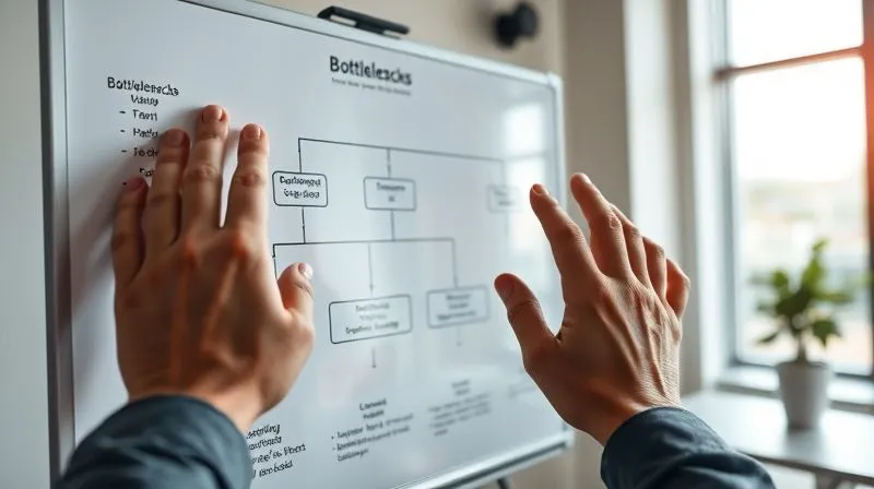A photorealistic, professional photography, 8K, cinematic lighting, sharp focus, depth of field, shot on a high-end DSLR, showing a detailed flowchart diagram on a whiteboard, with hands pointing to identified bottlenecks. The background is a clean, modern office or aviary planning room, conveying strategic analysis and problem-solving.