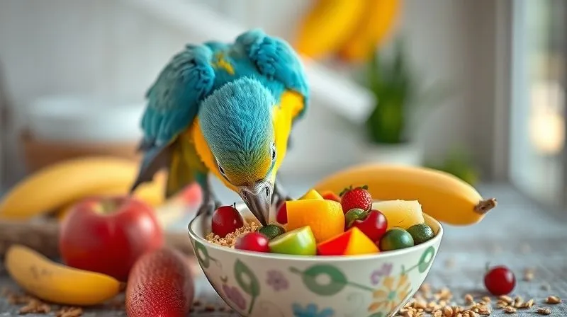 A photorealistic, professional photography, 8K, cinematic lighting, sharp focus, depth of field, shot on a high-end DSLR, showing a vibrant, healthy parrot eating a meticulously prepared bowl of fresh fruits, vegetables, and specialized pellets, in a clean, spacious aviary. Soft, natural light illuminates the scene, emphasizing the bird's vitality.