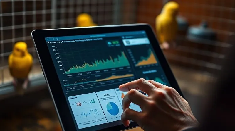 A photorealistic, professional photography, 8K, cinematic lighting, sharp focus, depth of field, shot on a high-end DSLR, showing a person's hands interacting with a tablet displaying complex data visualizations and charts related to bird training metrics. The background subtly shows an aviary, connecting the data to the real-world application. The lighting is focused on the tablet, highlighting the analytical process.