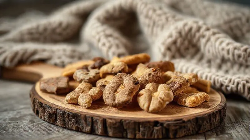 A close-up, photorealistic, professional photography shot of a variety of small, appealing functional pet treats arranged aesthetically on a rustic wooden board, with soft, warm cinematic lighting. Sharp focus on the intricate textures of the treats, suggesting health and natural ingredients. Depth of field subtly blurs a background of a cozy pet blanket. 8K hyper-detailed, shot on a high-end DSLR. A close-up, photorealistic, professional photography shot of a variety of small, appealing functional pet treats arranged aesthetically on a rustic wooden board, with soft, warm cinematic lighting. Sharp focus on the intricate textures of the treats, suggesting health and natural ingredients. Depth of field subtly blurs a background of a cozy pet blanket. 8K hyper-detailed, shot on a high-end DSLR.