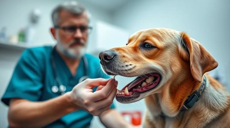 Photorealistic, professional photography of a veterinarian gently examining the teeth of a senior dog, owner looking on with concern, soft, clean clinic environment, cinematic lighting, sharp focus on the dog's mouth and vet's hands, depth of field blurring the background, 8K hyper-detailed, shot on a high-end DSLR.