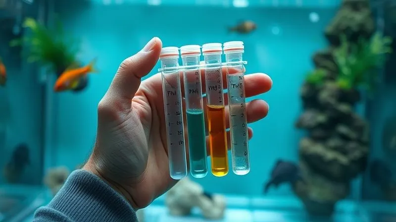 A photorealistic, top-down view of a hand holding a water testing kit, with various test tubes showing different color indicators for pH, ammonia, and nitrates, next to a clear aquarium. The scene is calm and focused, highlighting the importance of water quality monitoring. Cinematic lighting, sharp focus on the test kit, depth of field blurring the aquarium, 8K hyper-detailed, professional photography, shot on a high-end DSLR.
