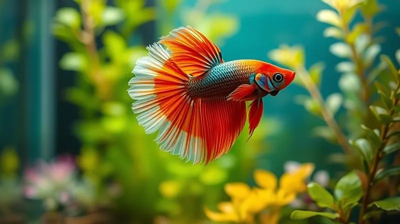 A photorealistic image of a vibrant, healthy betta fish, its fins flowing gracefully, swimming in a lush, planted aquarium. The fish should appear energetic and well-fed, contrasting with the previous image. Soft, natural light illuminates the tank, emphasizing well-being. Cinematic lighting, sharp focus on the fish, depth of field blurring the plants, 8K hyper-detailed, professional photography, shot on a high-end DSLR.