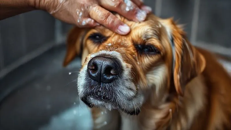 A photorealistic image of a gentle hand carefully washing an old, calm dog with a specialized shampoo, close-up on the lather and soft fur, cinematic lighting, sharp focus on the dog's expression, depth of field blurring the background, 8K, professional photography, shot on a high-end DSLR. A photorealistic image of a gentle hand carefully washing an old, calm dog with a specialized shampoo, close-up on the lather and soft fur, cinematic lighting, sharp focus on the dog's expression, depth of field blurring the background, 8K, professional photography, shot on a high-end DSLR.