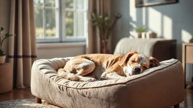 A photorealistic image of a clean, comfortable home environment for an elderly pet, with a soft orthopedic bed, filtered natural light streaming through a window, and a happy senior dog resting peacefully. Emphasize cleanliness, tranquility, and a sense of safety. Cinematic lighting, sharp focus, depth of field, 8K, professional photography, shot on a high-end DSLR. A photorealistic image of a clean, comfortable home environment for an elderly pet, with a soft orthopedic bed, filtered natural light streaming through a window, and a happy senior dog resting peacefully. Emphasize cleanliness, tranquility, and a sense of safety. Cinematic lighting, sharp focus, depth of field, 8K, professional photography, shot on a high-end DSLR.