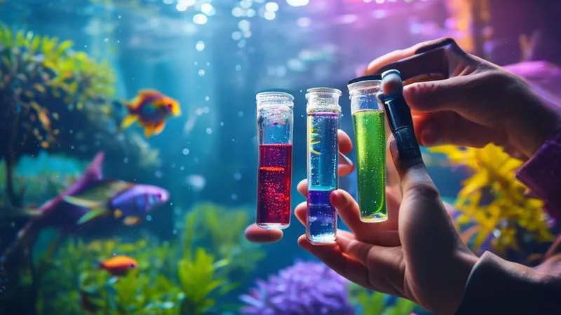 A photorealistic close-up of a hand holding a professional water testing kit for aquariums, showing clear vials with different colored liquids indicating optimal water parameters. The background is a gently blurred, well-maintained fish tank with lush plants. Professional photography, 8K, cinematic lighting, sharp focus, depth of field, shot on a high-end DSLR. A photorealistic close-up of a hand holding a professional water testing kit for aquariums, showing clear vials with different colored liquids indicating optimal water parameters. The background is a gently blurred, well-maintained fish tank with lush plants. Professional photography, 8K, cinematic lighting, sharp focus, depth of field, shot on a high-end DSLR.