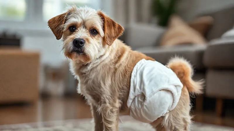 A photorealistic, close-up image of an elderly, short-haired dog wearing a perfectly fitted, clean, disposable dog diaper, showing no signs of discomfort. The diaper is snug but not tight, with elastic around the legs. The dog is looking calmly at the camera, in a cozy indoor setting, with soft, natural light. Sharp focus on the diaper and the dog's comfort. Shot on a high-end DSLR, 8K hyper-detailed.