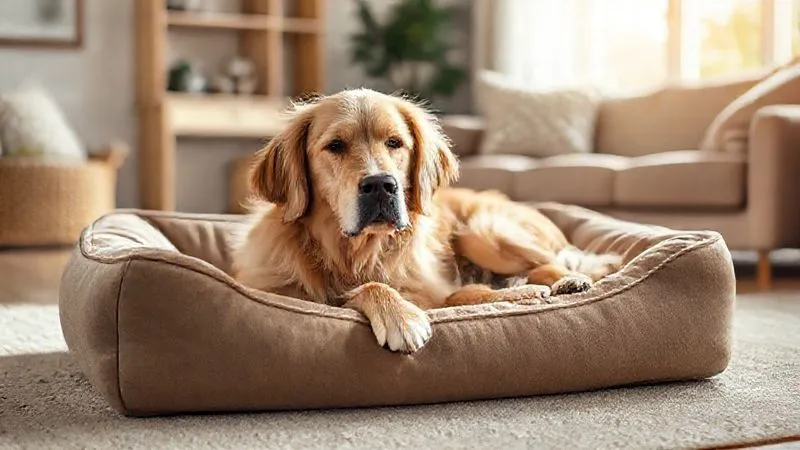 A photorealistic image of a serene, elderly Golden Retriever comfortably resting on a plush, orthopedic pet bed. The bed is designed with memory foam, and its cover appears soft yet durable and easily washable. Soft, warm natural light fills the room, creating a peaceful atmosphere. Sharp focus on the dog and the bed, with a gentle depth of field blurring the background of a cozy living room. Shot on a high-end DSLR, 8K hyper-detailed.