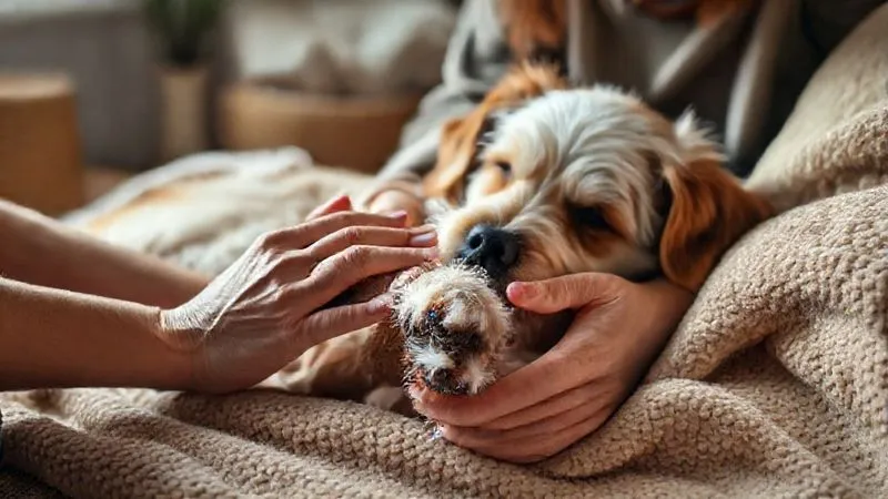 A photorealistic image of a caring pet owner gently cleaning the paw of their elderly dog, who is lying comfortably on a soft blanket. The owner's hands are soft and reassuring, and the dog looks calm and trusting. The scene is bathed in warm, soft, natural light, emphasizing the bond and care. Sharp focus on the interaction, with a blurred background of a cozy home. Shot on a high-end DSLR, 8K hyper-detailed.