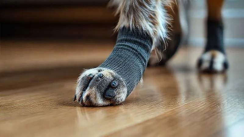 A photorealistic close-up of an elderly dog's paw wearing a comfortable, well-fitting non-slip sock with rubber grips on a polished wooden floor. The dog's fur is slightly graying. Cinematic lighting, sharp focus on the paw, depth of field blurring the dog's body. 8K hyper-detailed, shot on a high-end DSLR. A photorealistic close-up of an elderly dog's paw wearing a comfortable, well-fitting non-slip sock with rubber grips on a polished wooden floor. The dog's fur is slightly graying. Cinematic lighting, sharp focus on the paw, depth of field blurring the dog's body. 8K hyper-detailed, shot on a high-end DSLR.