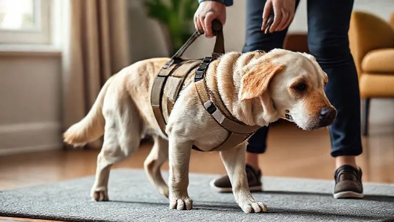 A photorealistic image of an elderly Labrador Retriever wearing a comfortable, full-body support harness, being gently assisted by a caring owner's hand on the handle. The dog is walking confidently on a non-slip rug. Cinematic lighting, sharp focus on the dog and harness, depth of field blurring the background. 8K hyper-detailed, shot on a high-end DSLR. A photorealistic image of an elderly Labrador Retriever wearing a comfortable, full-body support harness, being gently assisted by a caring owner's hand on the handle. The dog is walking confidently on a non-slip rug. Cinematic lighting, sharp focus on the dog and harness, depth of field blurring the background. 8K hyper-detailed, shot on a high-end DSLR.