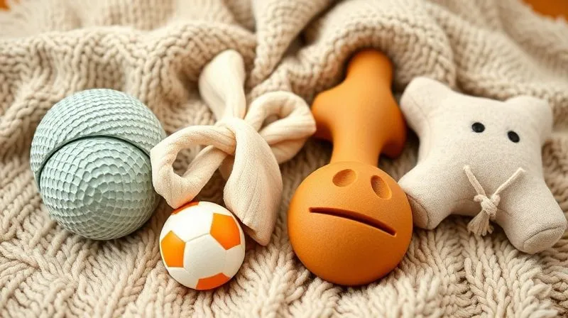 A photorealistic image showcasing a variety of senior dog toys laid out on a soft blanket. The toys include a textured, soft rubber ball, a crinkly fabric toy, a treat-dispensing puzzle toy, and a soft, plush squeaky toy. Each toy is clearly visible, highlighting its material and design. Warm, inviting cinematic lighting, sharp focus on the toys with a gentle depth of field, 8K hyper-detailed, professional photography, shot on a high-end DSLR. A photorealistic image showcasing a variety of senior dog toys laid out on a soft blanket. The toys include a textured, soft rubber ball, a crinkly fabric toy, a treat-dispensing puzzle toy, and a soft, plush squeaky toy. Each toy is clearly visible, highlighting its material and design. Warm, inviting cinematic lighting, sharp focus on the toys with a gentle depth of field, 8K hyper-detailed, professional photography, shot on a high-end DSLR.